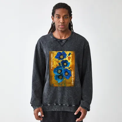 Tokyo-Tiger Shiny Blue Flower Warm Golden Background Washed Terry Sweatshirt