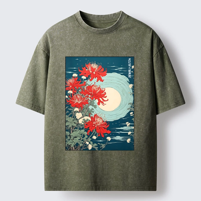Tokyo‑Tiger Moon Red Spider Lily Washed T‑Shirt