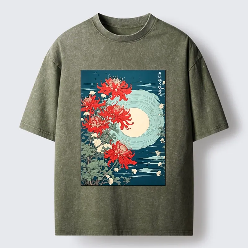 Tokyo‑Tiger Moon Red Spider Lily Washed T‑Shirt