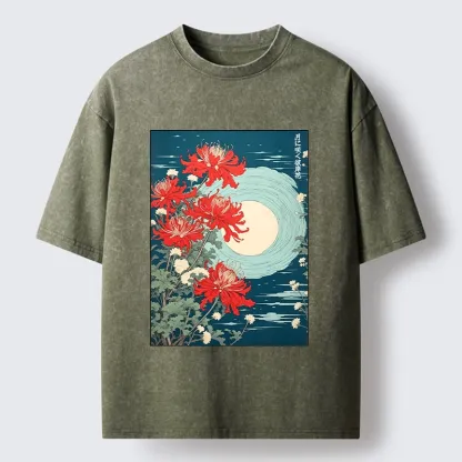 Tokyo‑Tiger Moon Red Spider Lily Washed T‑Shirt
