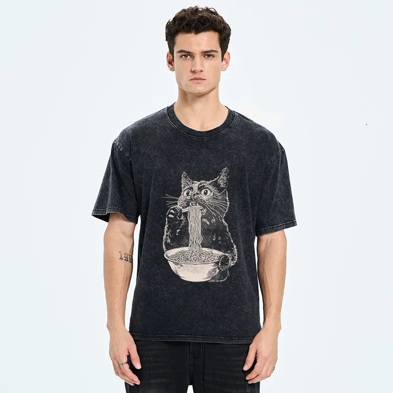 Tokyo-Tiger Black Cat Eats A Large Portion Of Ramen Washed T-Shirt