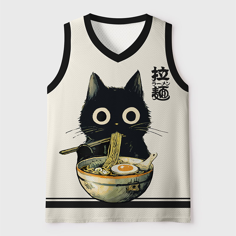 Tokyo-Tiger Cute Black Cat Eating Ramen Japan Mesh Tank Top