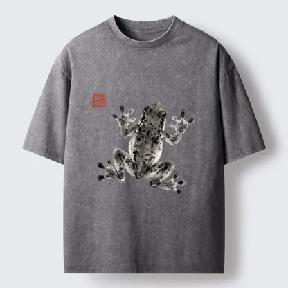 Tokyo-Tiger Ink Frog Painting Washed T-Shirt