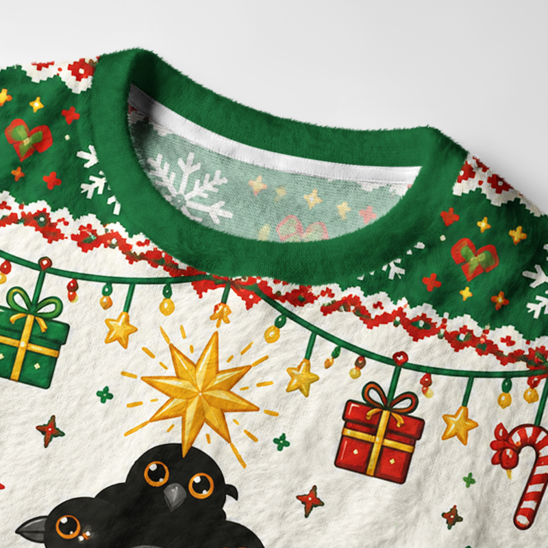 Tokyo-Tiger Crow Stacked Christmas Tree Fuzzy Christmas Ugly Sweatshirt