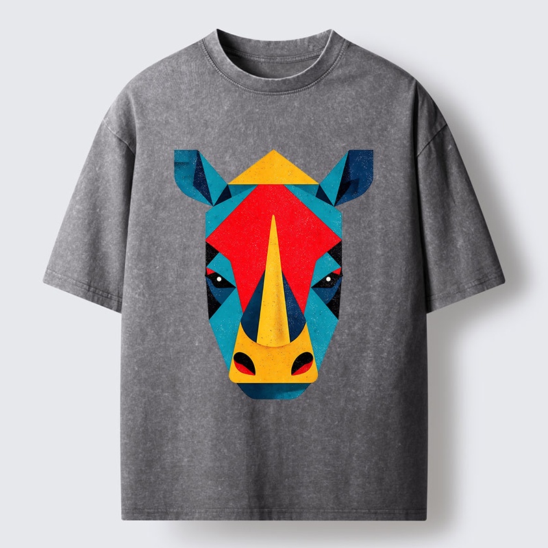 Tokyo-Tiger Geometric Rhino Art Washed T-Shirt