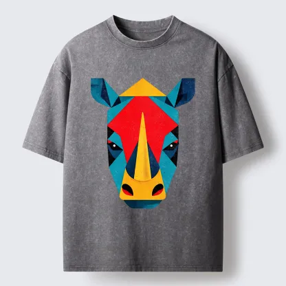 Tokyo-Tiger Geometric Rhino Art Washed T-Shirt