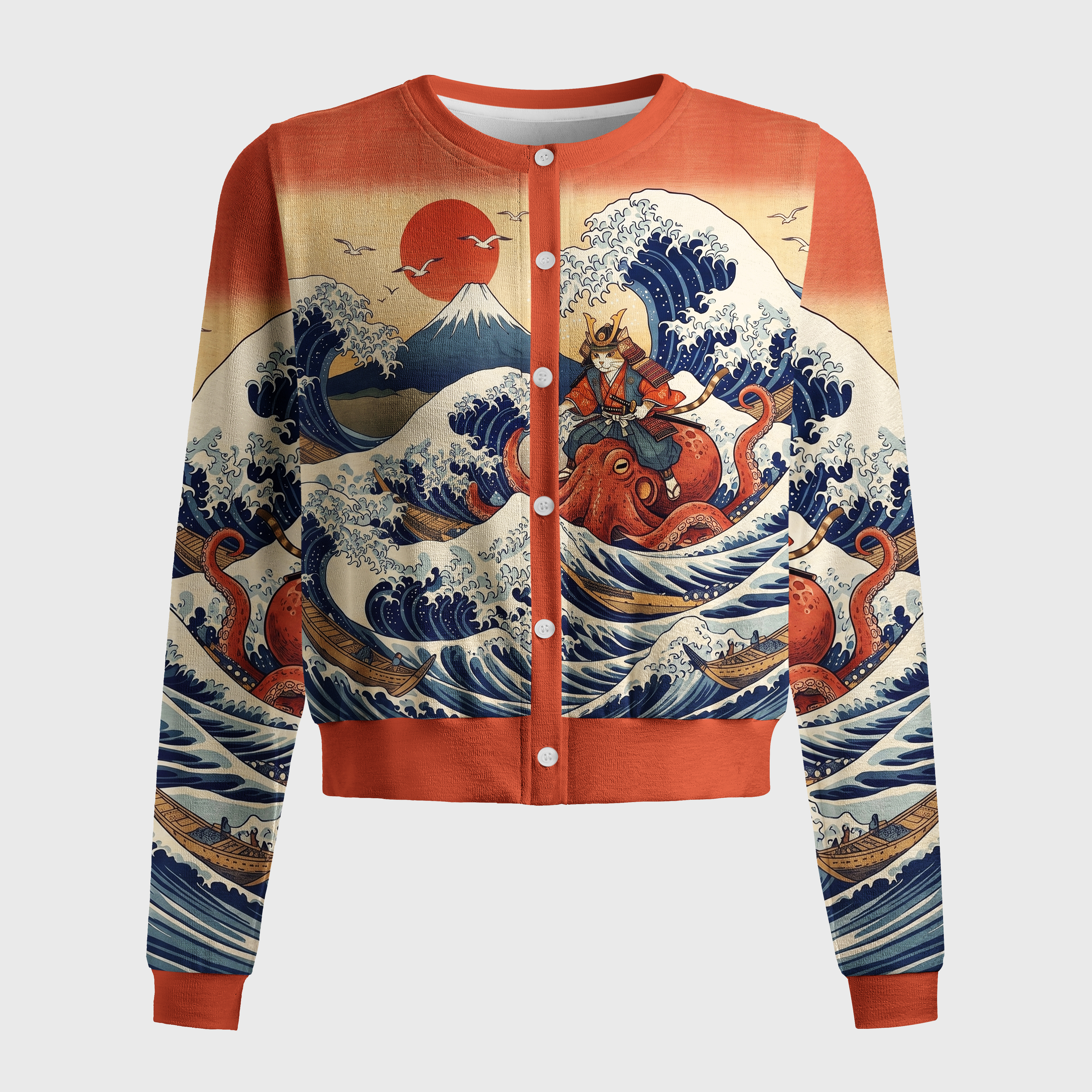 Tokyo-Tiger Ukiyo-E Samurai Cat Riding Octopus Women's Lightweight Cardigan