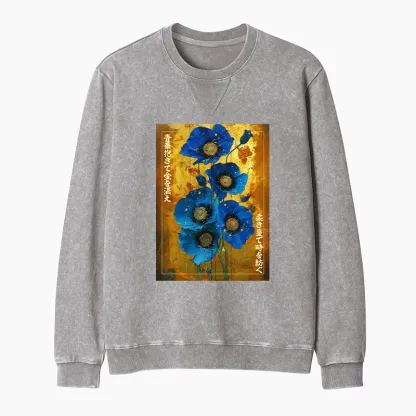 Tokyo-Tiger Shiny Blue Flower Warm Golden Background Washed Terry Sweatshirt
