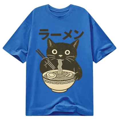 Tokyo-Tiger Simple Black Cat Eating Ramen Classic T-Shirt