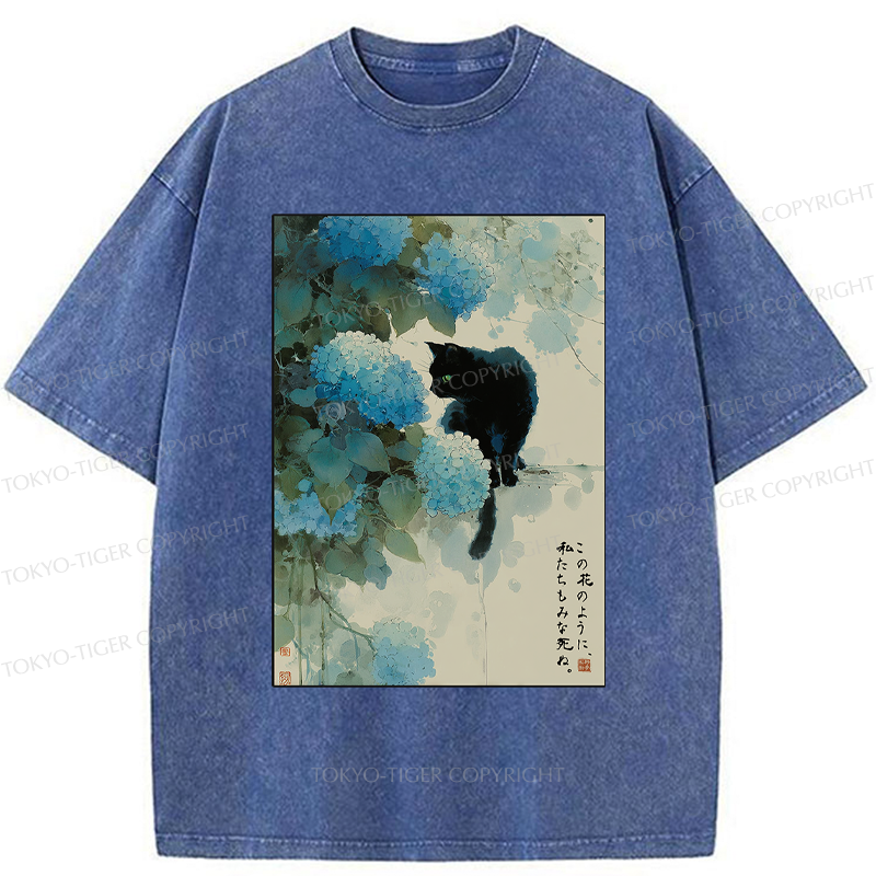 Tokyo-Tiger Like This Flower, We All Die-Hydrangea&Cat Washed T-Shirt