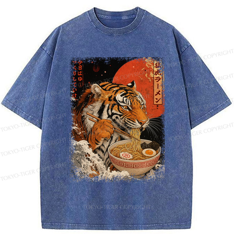 Tokyo-Tiger Ukiyoe Japan Tiger Eating Ramen Washed T-Shirt