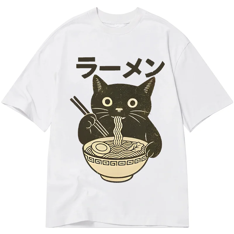 Tokyo-Tiger Simple Black Cat Eating Ramen Classic T-Shirt