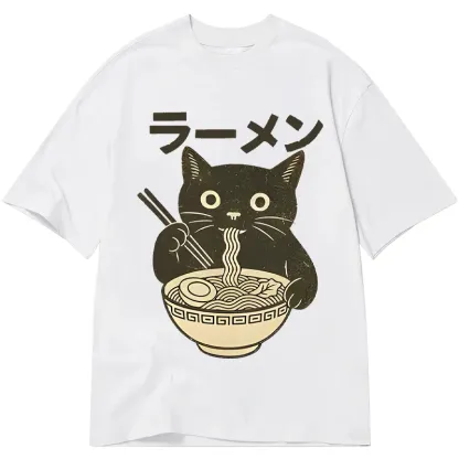 Tokyo-Tiger Simple Black Cat Eating Ramen Classic T-Shirt