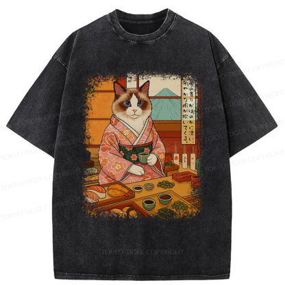 Tokyo-Tiger Ukiyoe Japanese Cat Princess Teahouse Washed T-Shirt