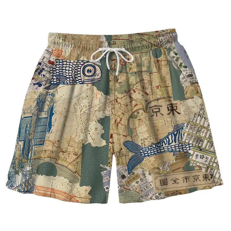 Tokyo-Tiger Old Tokyo Maps Aloha Mens Swim Trunks