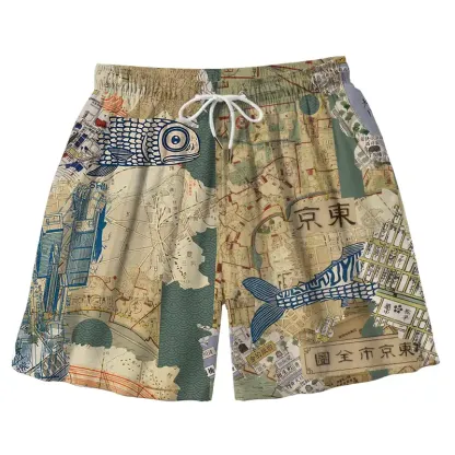 Tokyo-Tiger Old Tokyo Maps Aloha Mens Swim Trunks