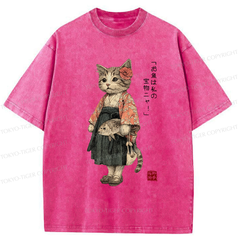 Tokyo-Tiger Cat Princess With Her Treasure Washed T-Shirt