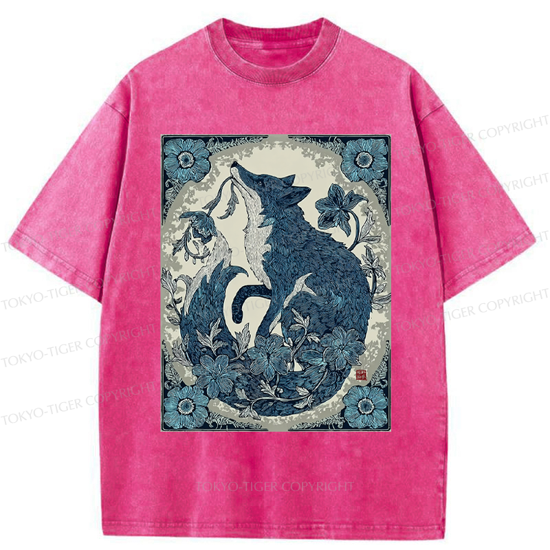 Tokyo-Tiger Floral Fox Aesthetic Washed T-Shirt