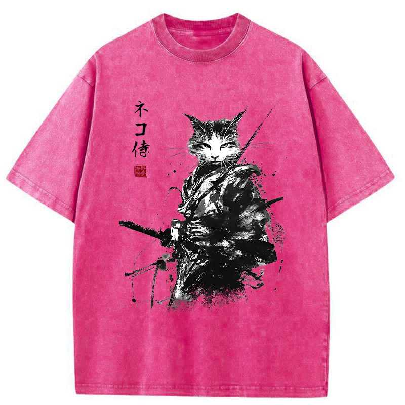 Tokyo-Tiger Inkblade Samurai Cat Washed T-Shirt