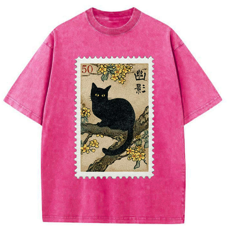 Tokyo-Tiger Golden Blossom Black Cat Post Washed T-Shirt