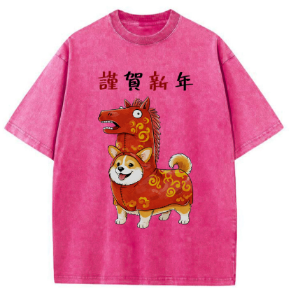 Tokyo-Tiger New Year Corgi Washed T-Shirt