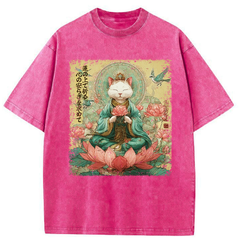 Tokyo-Tiger Lotus Whisper Cat:Calm Reflections Washed T-Shirt