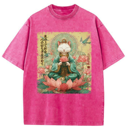 Tokyo-Tiger Lotus Whisper Cat:Calm Reflections Washed T-Shirt