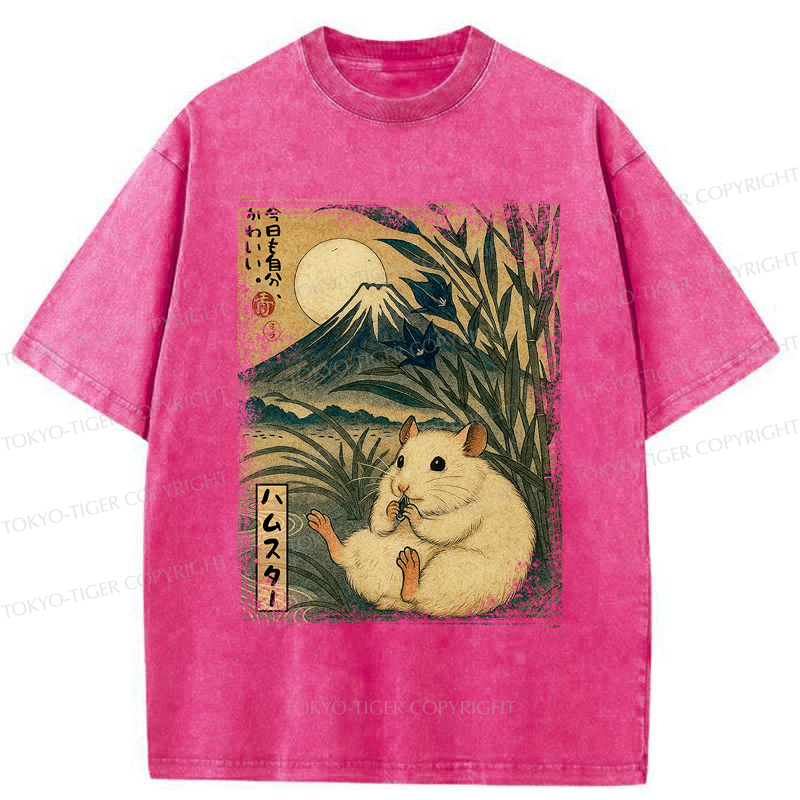 Tokyo-Tiger Funny Hamster Mount Fuji Flower meme Washed T-Shirt