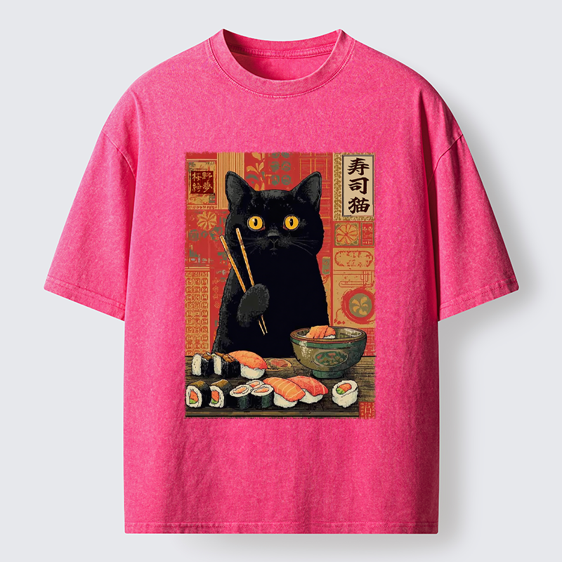 Tokyo-Tiger Neko Eats Sushi Washed T-Shirt