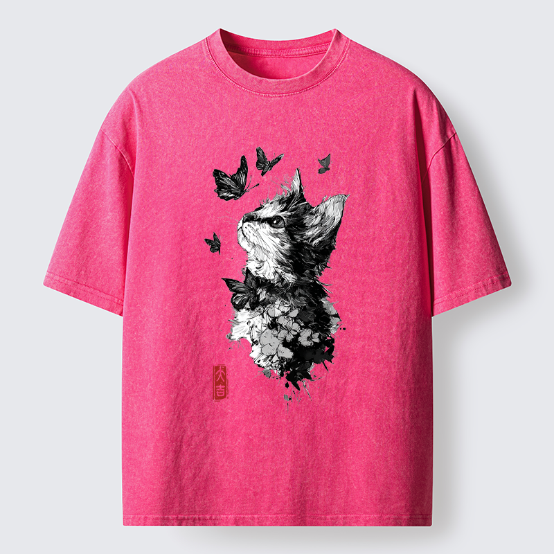 Tokyo-Tiger Butterfly and Cat Gaze Washed T-Shirt