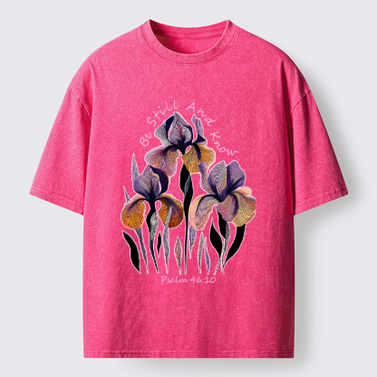 Tokyo-Tiger "Be Still and Know"Psalm 46:10 Iris Floral Washed T-Shirt