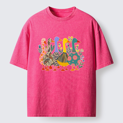 Tokyo-Tiger Whimsical Folk-Art Goose Quintet Washed T-Shirt