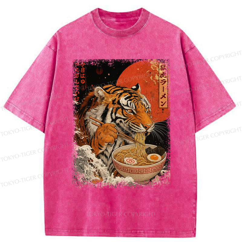 Tokyo-Tiger Ukiyoe Japan Tiger Eating Ramen Washed T-Shirt