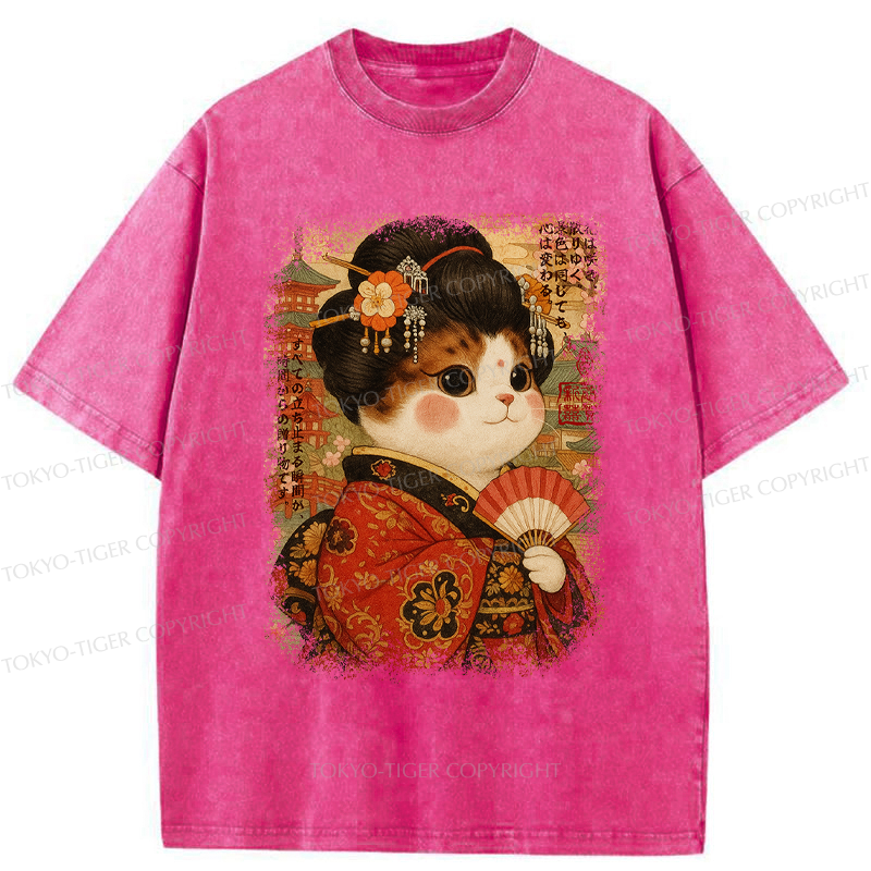 Tokyo-Tiger Ukiyoe Japanese Cat Princess Washed T-Shirt