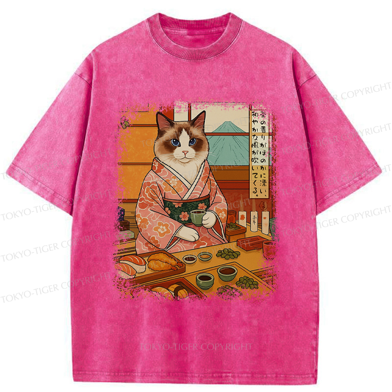 Tokyo-Tiger Ukiyoe Japanese Cat Princess Teahouse Washed T-Shirt