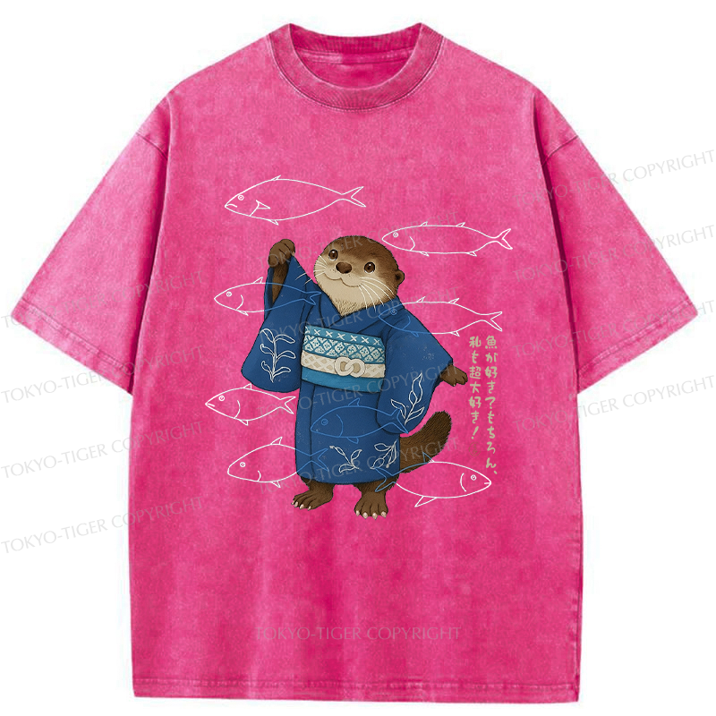 Tokyo-Tiger Funny Ukiyoe Otter and Fish Washed T-Shirt