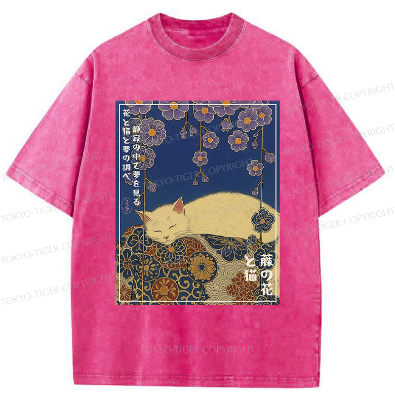 Tokyo-Tiger Ukiyoe Wisteria Flowers and Cats Washed T-Shirt