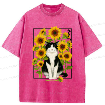 Tokyo-Tiger Funny Sunflower and Cat Poster Washed T-Shirt