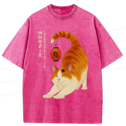 Tokyo-Tiger Funny Cat Yoga Energy Charging Washed T-Shirt