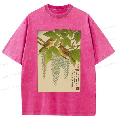 Tokyo-Tiger Ukiyoe Bird on the wisteria treetop Washed T-Shirt