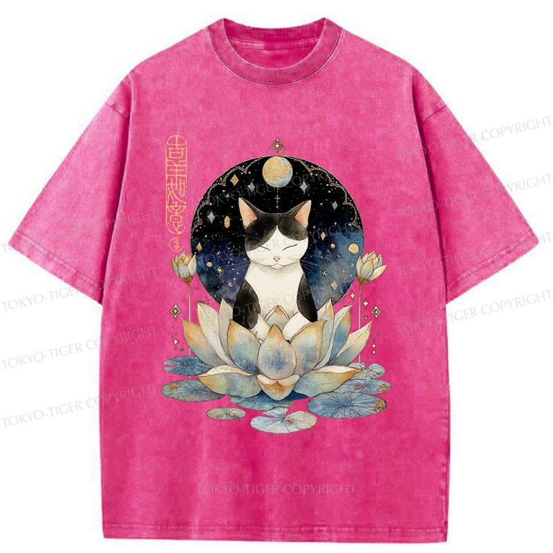 Tokyo-Tiger Funny Cat Lotus Zen Auspiciousness Washed T-Shirt