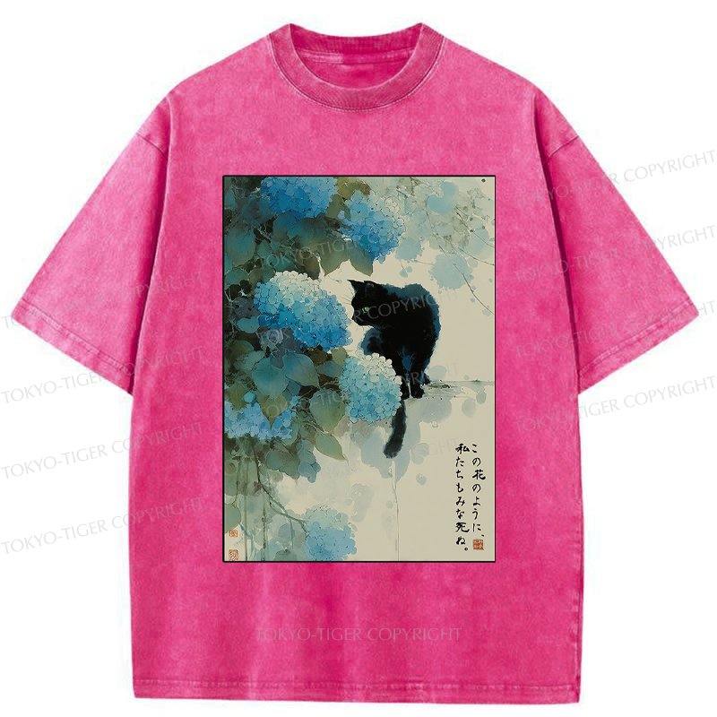 Tokyo-Tiger Like This Flower, We All Die-Hydrangea&Cat Washed T-Shirt