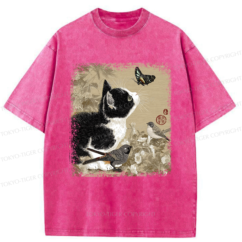 Tokyo-Tiger Cat and Butterfly: A Playful Encounter Washed T-Shirt