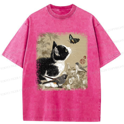 Tokyo-Tiger Cat and Butterfly: A Playful Encounter Washed T-Shirt
