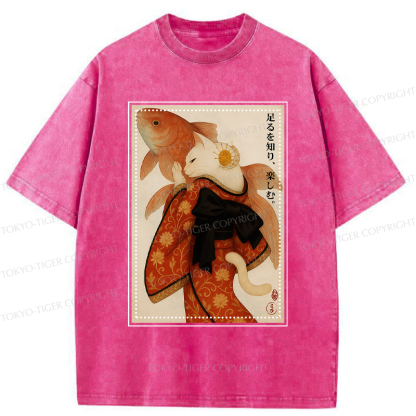 Tokyo-Tiger Japanese Ukiyoe Cat And Fish Poster Washed T-Shirt