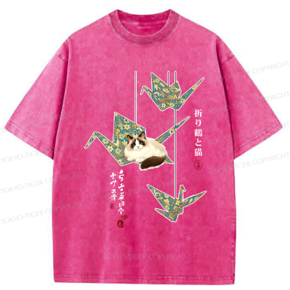 Tokyo-Tiger Ukiyoe Japan Origami and cats Funny Washed T-Shirt