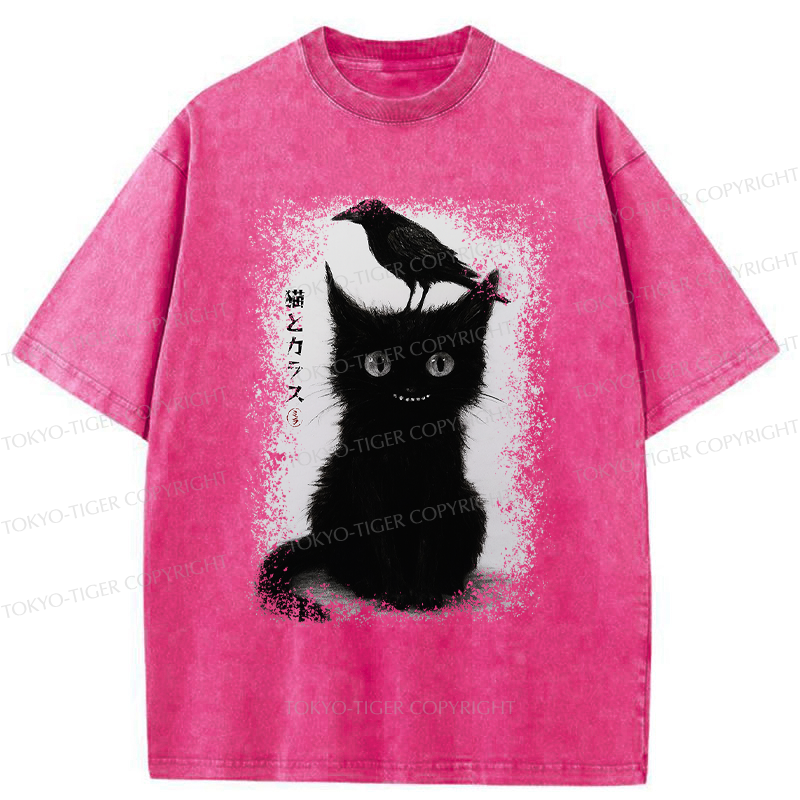 Tokyo-Tiger Funny Cat And Crow Washed T-Shirt