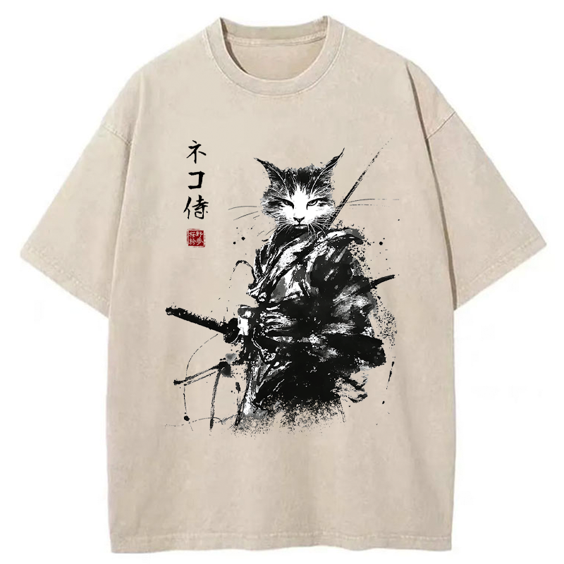 Tokyo-Tiger Inkblade Samurai Cat Washed T-Shirt