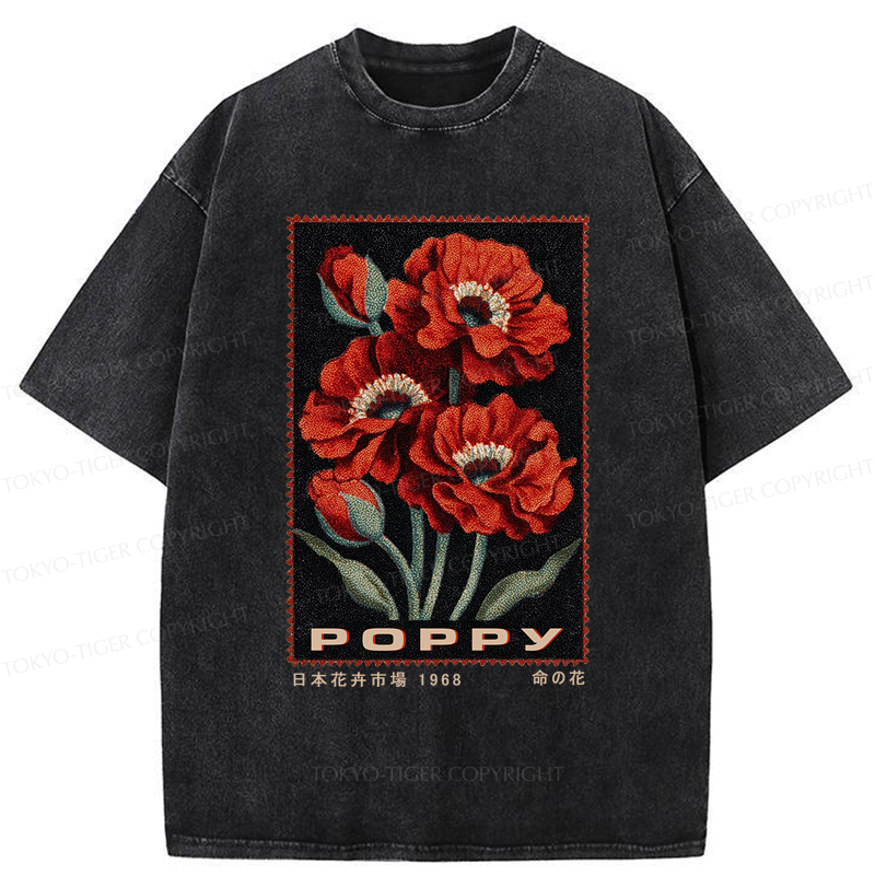 Tokyo-Tiger Timeless Poppy Stamp Washed T-Shirt