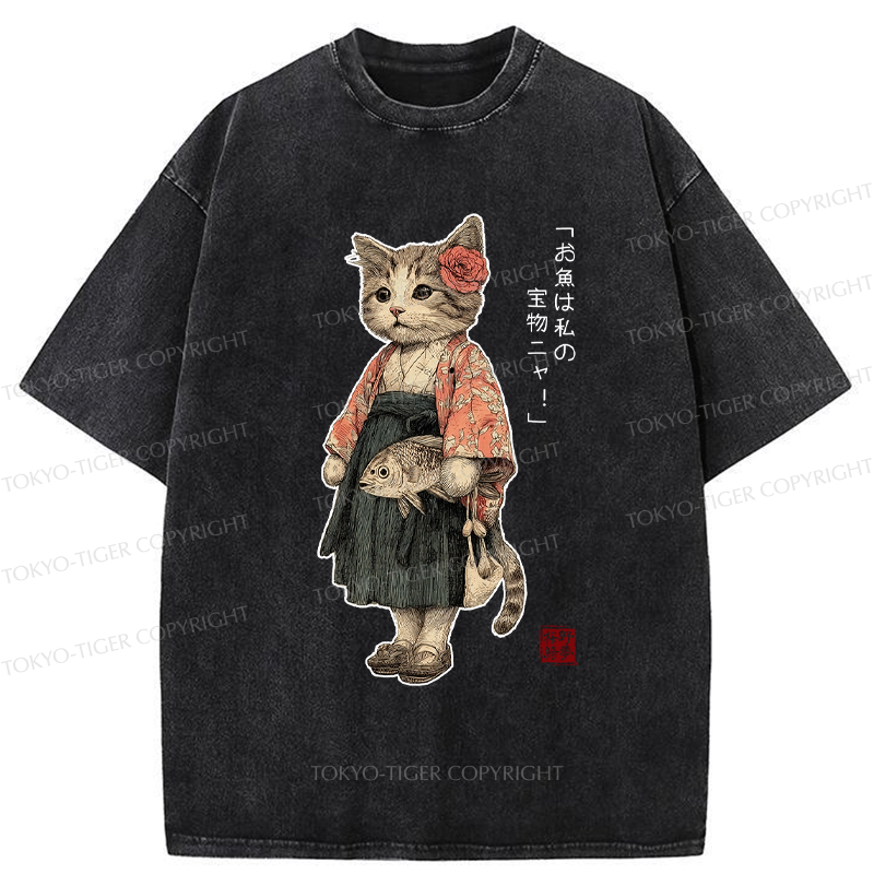 Tokyo-Tiger Cat Princess With Her Treasure Washed T-Shirt